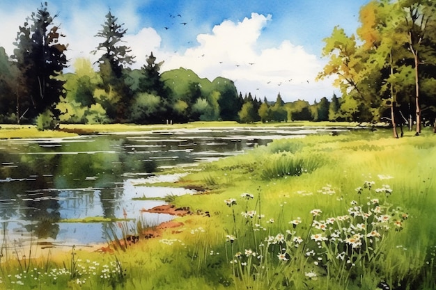 Tranquil summer scenery a watercolor painting