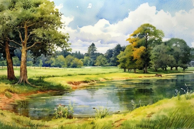 Tranquil summer scenery a watercolor painting