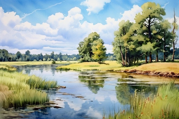 Tranquil summer scenery a watercolor painting