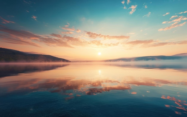 Foto un'alba tranquilla su un lago calmo che getta tonalità calde sul cielo