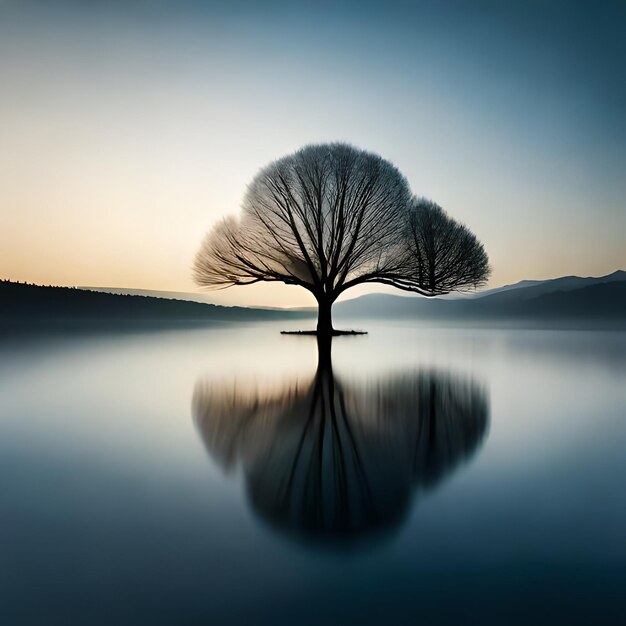 Tranquil sunrise over reflective lake peaceful landscape in nature