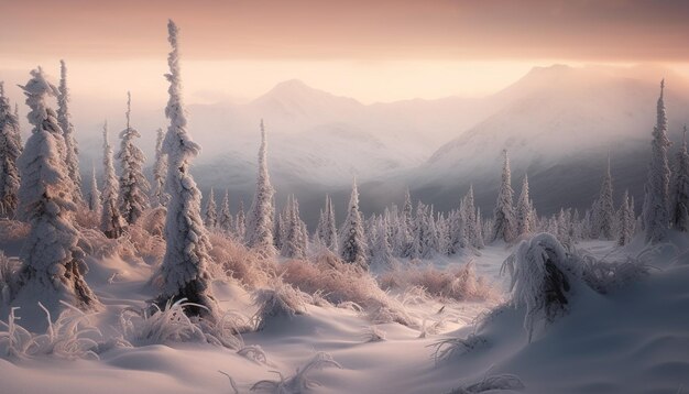 雪を頂いた山脈に昇る静かな日の出、AI が生成した冬のワンダーランドの冒険