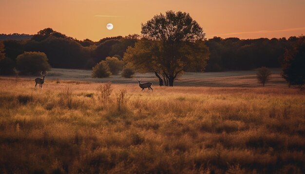 Photo tranquil sunset animals grazing in meadow nature beauty unfolds generated by ai