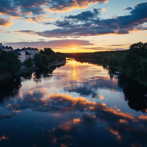 都市 の ナルヴァ 川 の 横 の 静かな 夕暮れ