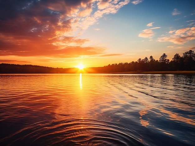 A tranquil sunset over a calm lake