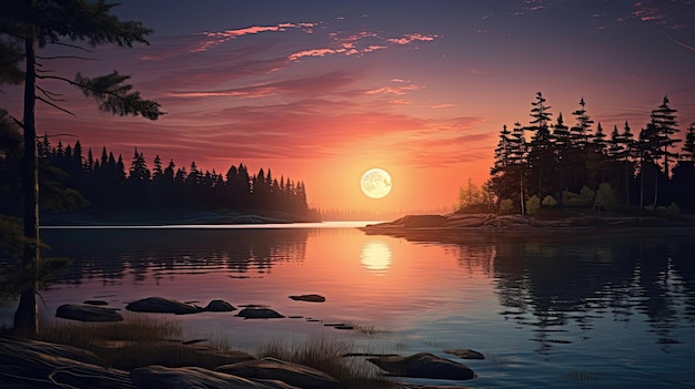 Tranquil sunset casting its golden glow upon a serene and still lake a picturesque tableau that captures the essence of tranquility Generated by AI