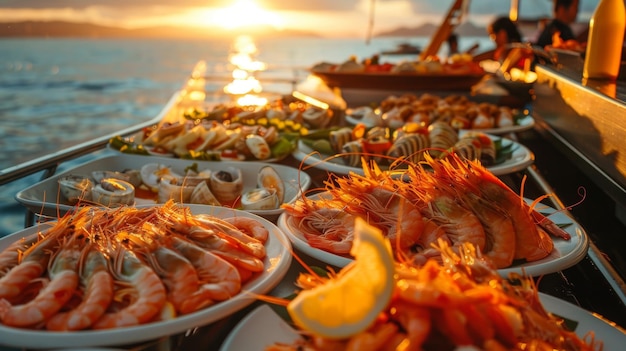 Photo a tranquil sunset cruise with a seafood dinner buffet featuring freshly caught fish prawns and seafood salads