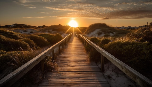 Tranquil sunset over idyllic coastline boardwalk and yellow plank bridge generated by AI