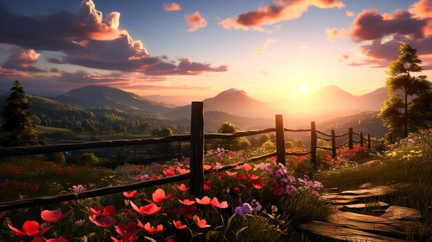 Tranquil sunset over rainbow meadow windmill and rustic