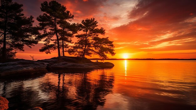 Foto i riflessi tranquilli del tramonto catturano la serenità sulle acque calme