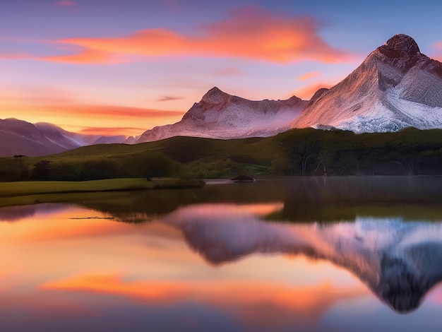 Tranquil sunset reflects on mountain peak nature serene beauty