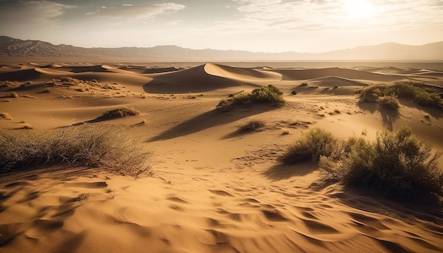 人工知能によって生成された、乾燥したアフリカのさざ波の砂丘に沈む静かな夕日