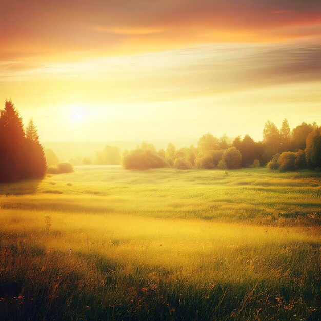 Tranquil sunset over rural meadow and forest