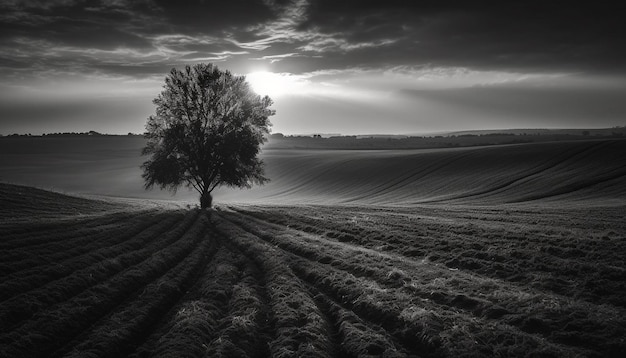 Tranquil sunset over rural wheat field panorama generated by AI