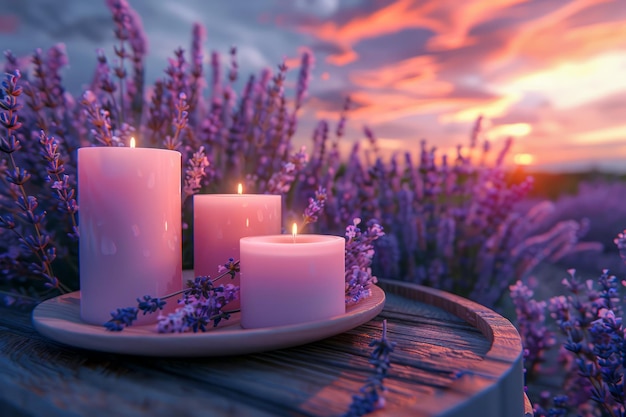 Спокойная сцена заката с лавандой и ароматическими свечами на деревянном столе идеально подходит для спа-салона и