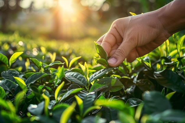 Foto tranquilla scena di raccolta del tè lavoratori che raccolgono le foglie su una piantagione soleggiata