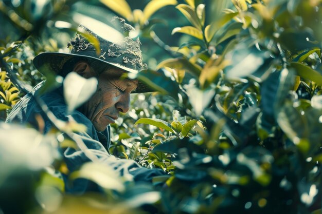 Tranquil tea picking scene workers harvesting leaves on sunny plantation