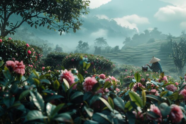 Tranquil tea picking scene workers harvesting leaves on sunny plantation