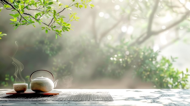 Tranquil tea time in misty garden setting