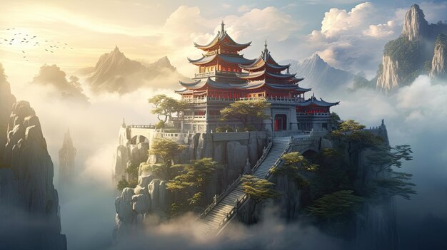静かな寺院は山の頂上で朝の霧の上に昇ります やかな山の聖域 霧に覆われた霊的避難所 平和な夜明けの景色 AIによって生成されています