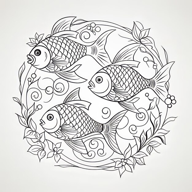 Photo tranquil trio exquisite swimming fish coloring page with simple mandala