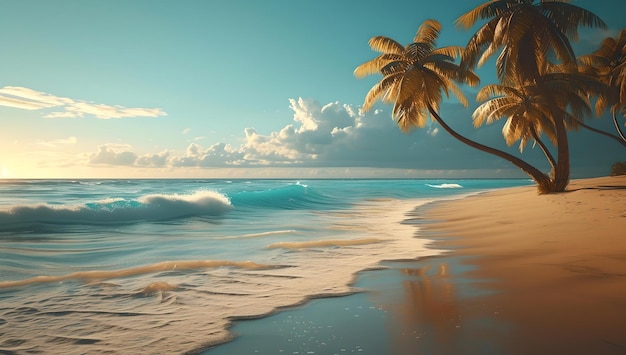 황금 모래와 나무가 있는 조용한 열대 해변은 해가 지는 순간 완벽한 휴양지입니다.