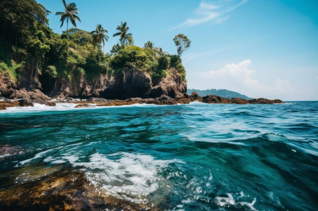 Спокойный тропический пляж с пальмами и спокойной лагуной идеально подходит для отдыха или путешествия.