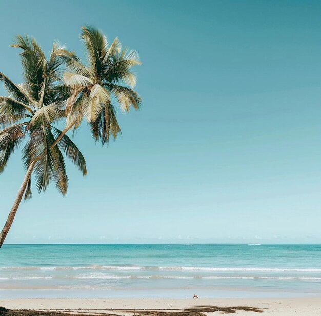 A tranquil tropical beach with palm trees swaying in the breeze copy space