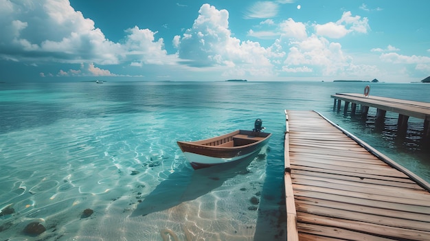 Tranquil tropical scene with a wooden boat near a jetty crystal clear water and fluffy clouds perfect for travel and leisure themes AI