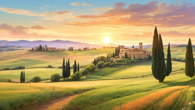 Tranquil Tuscany Captivating Spring Panorama of Italy's Enchanting Landscape