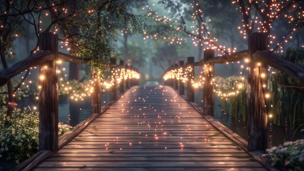 A tranquil twilight scene featuring a wooden footbridge adorned with fairy lights creating a magical atmosphere for romantic encounters and quiet reflection