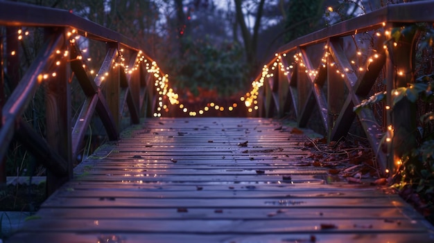 A tranquil twilight scene featuring a wooden footbridge adorned with fairy lights creating a magical atmosphere for romantic encounters and quiet reflection