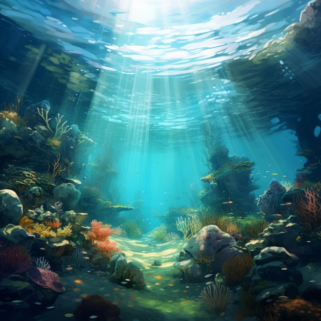Спокойный подводный мир, полный жизни, созданный генеративным искусственным интеллектом.