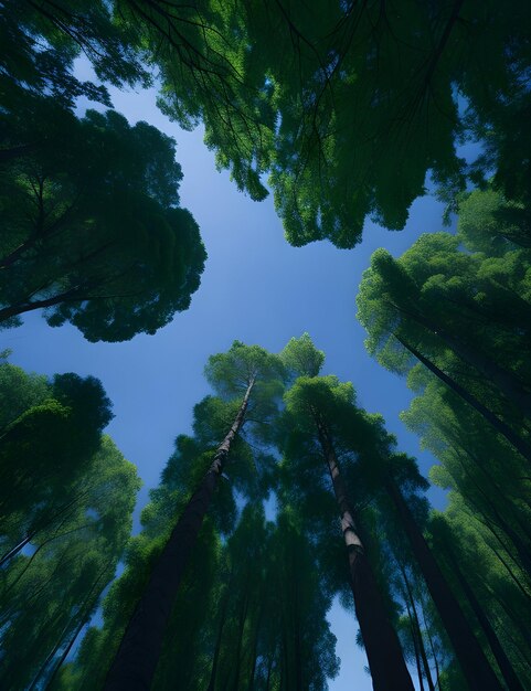 A tranquil view of the lush green canopy of trees from the ground below