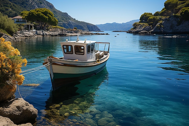 Photo tranquil voyage boat sailing on the calm waters of serenity