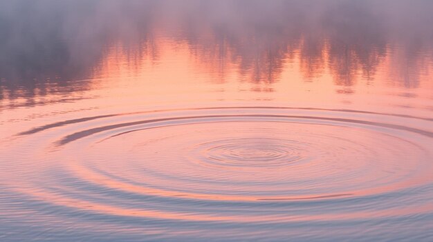 写真 霧の日の出の空の下で円形の波紋を持つ静かな水面