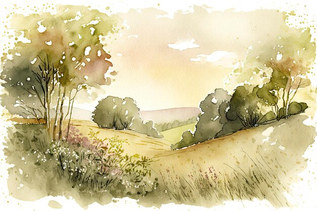 Tranquil Watercolor Countryside Meadow with Earthy Tones