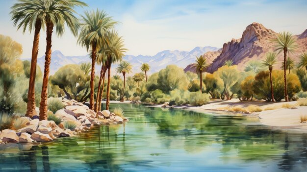 Tranquil Watercolor Desert Oasis with Towering Palm Trees AI Generated