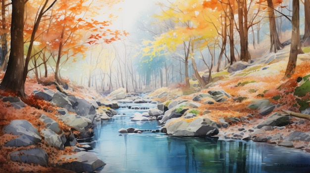 Tranquil Watercolor Forest Creek with Fish and Fallen Leaves AI Generated