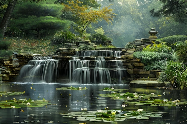 Tranquil Waterfall Oasis in Lush Green Forest Landscape with Misty Ambiance and Serene Pond