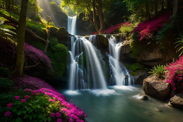 тихий водопадный рай, окруженный зеленым лесом и пиками, живописный водопад в джунглях