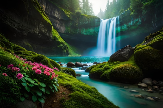 tranquil waterfall paradise surrounded by verdant forest and peaks scenic jungle waterfall