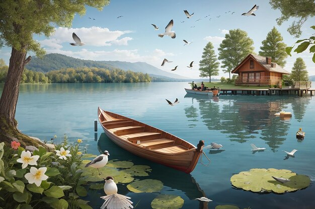 Фото Спокойные воды убежище на спокойном берегу озера с деревянной лодкой и летающими птицами