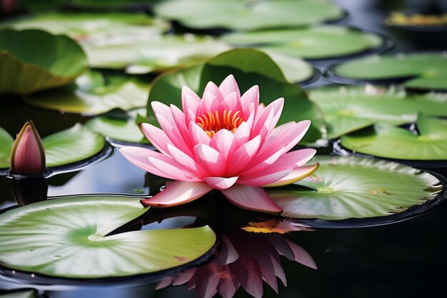 Tranquil waters the graceful pink lotus blooms among lily pads