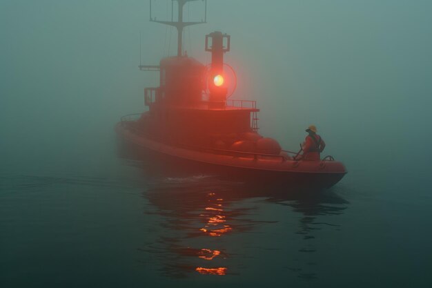 やかな 海  霧 が 海岸線 を 覆っ て いる 静か な 青い 海 に 浮かぶ 漁船 の やか な 夕方 の 景色