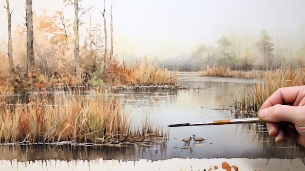 Tranquil Wetland Painting In Watercolor Style