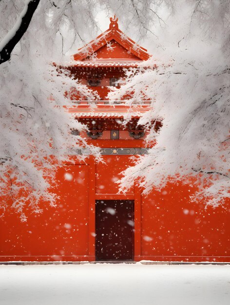 Photo tranquil winter aesthetic red wall simplicity composition in beijing