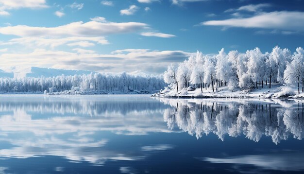 Tranquil winter landscape blue sky reflects on frozen pond generated by AI