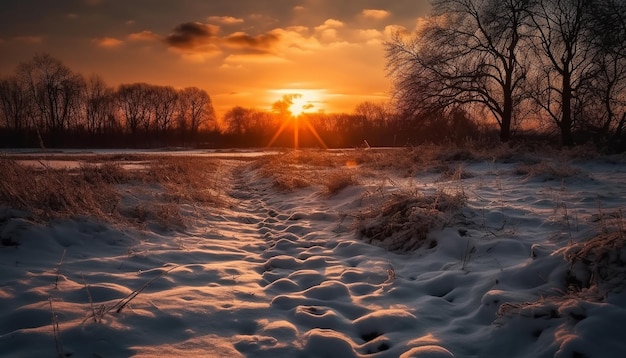 静かな冬の風景 雪の森の後ろに夕暮れ 人工知能によって照らされた