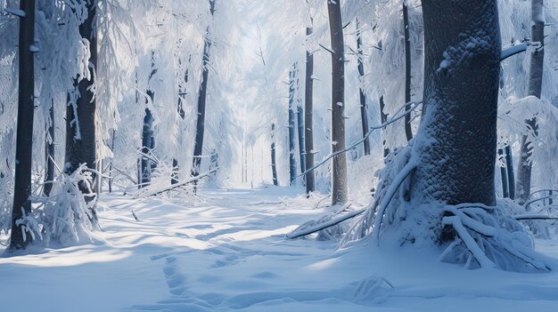 Tranquil winter landscape with a snowcovered forest trees laden with snow Serene scenery laden trees tranquil snowy woods peaceful nature scene Generated by AI